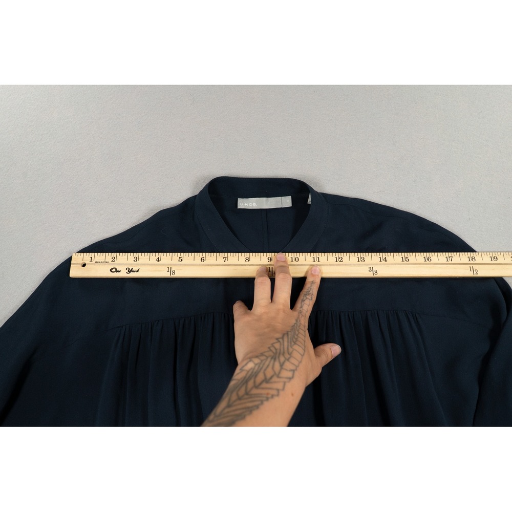 Vince 100% Silk Shirt Dress Navy Blue Band Collar Long Sleeve Women's Medium - Picture 6 of 9